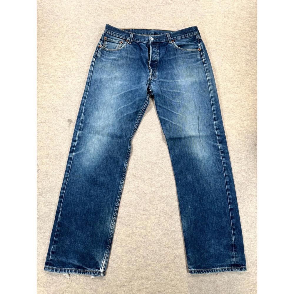 Levis 501 Straight Leg Jeans Mens 36x32 Blue Whiskering Denim Medium Wash Travel